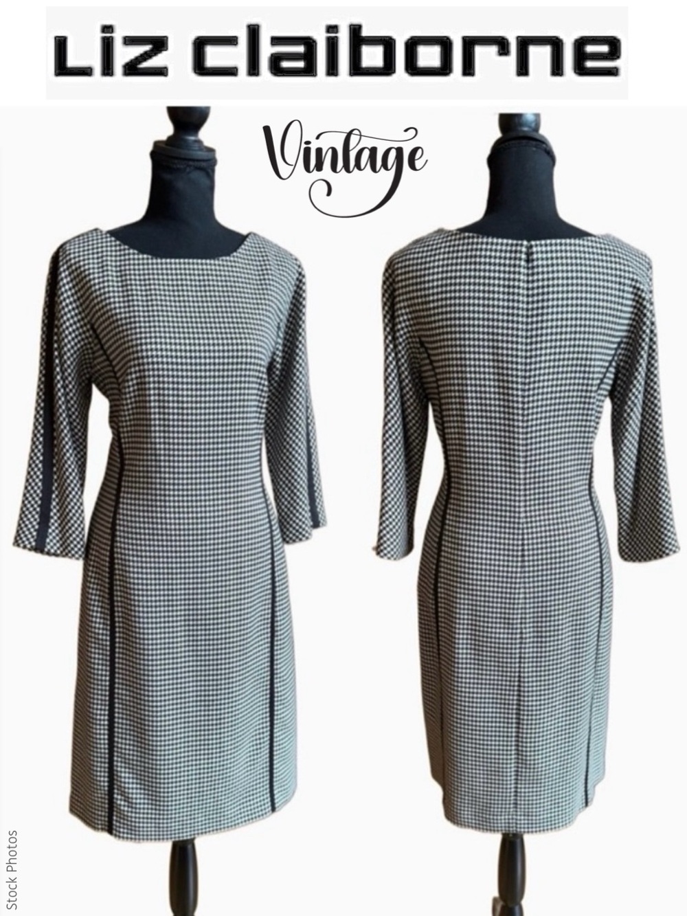 Liz Claiborne Vintage Black Ivory White Houndstooth Lined Dress 3/4 Sleeves (10)